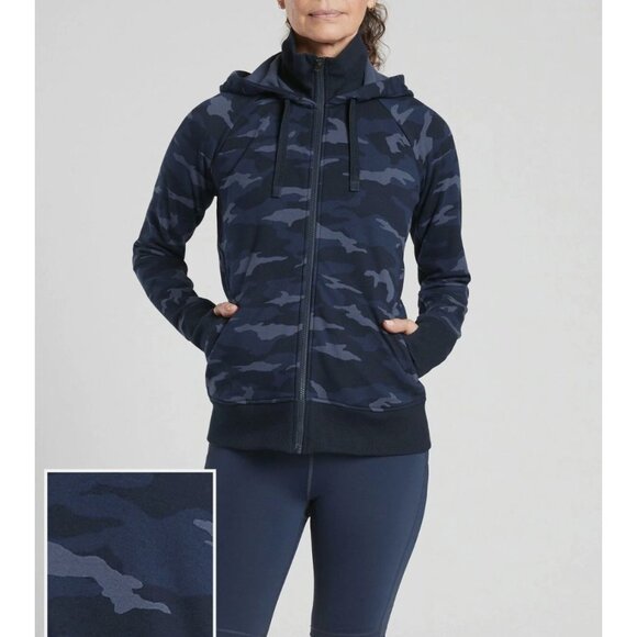Athleta Triumph Blue Camo Print Full Zip Hoodie Pockets Size L Sweatshirt Jacket - Picture 1 of 15